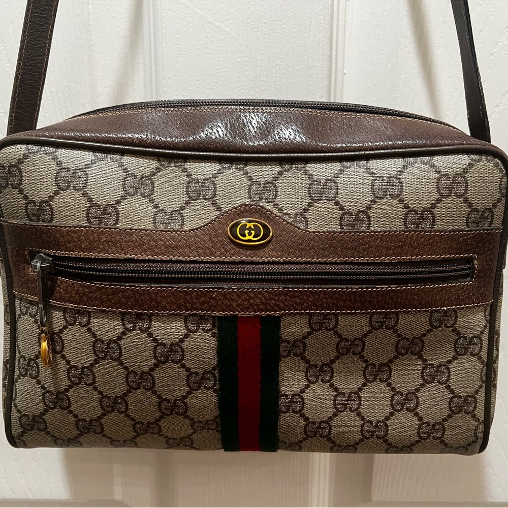 Vintage Gucci Ophidia Web Stripe Brown Canvas Leather Crossbody - Picture 2 of 16